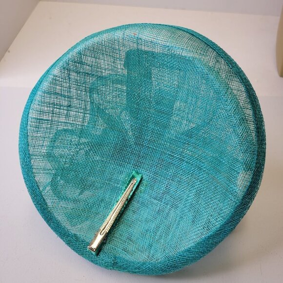 Teal Blue Fascinator with an Upturned Brim Sinamay Loops Rosettes and Feathers - Picture 10 of 16